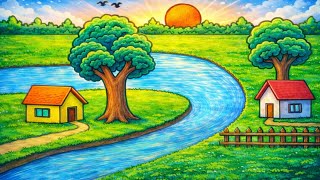How To Draw Beautiful Natural Scenery Drawing Village Scenary Drawing Natural Scenery Drawing