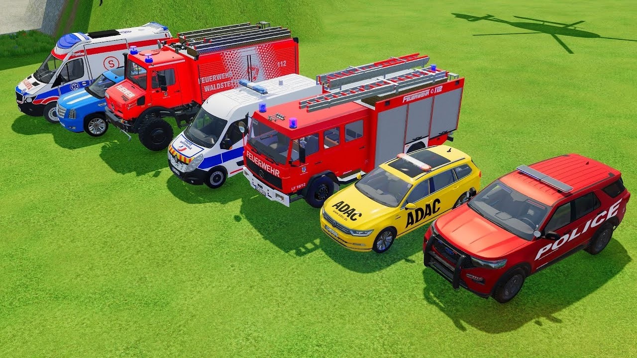 TRANSPORTING POLICE CARS, AMBULANCE, FIRE DEPARMENT VEHICLES WITH MIXER TRUCKS TO THE GARAGE ! FS22