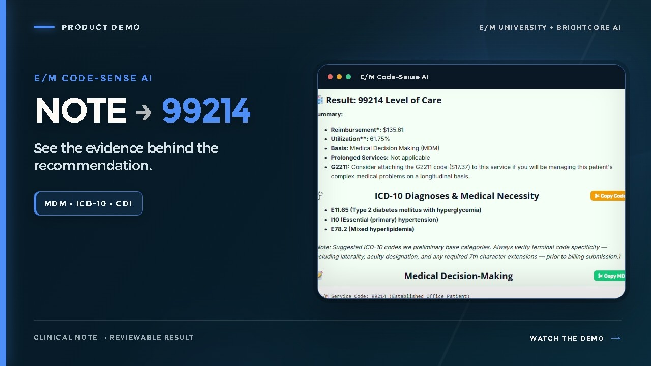 E/M Code-Sense AI Demo: From Clinical Note to Coding Recommendation
