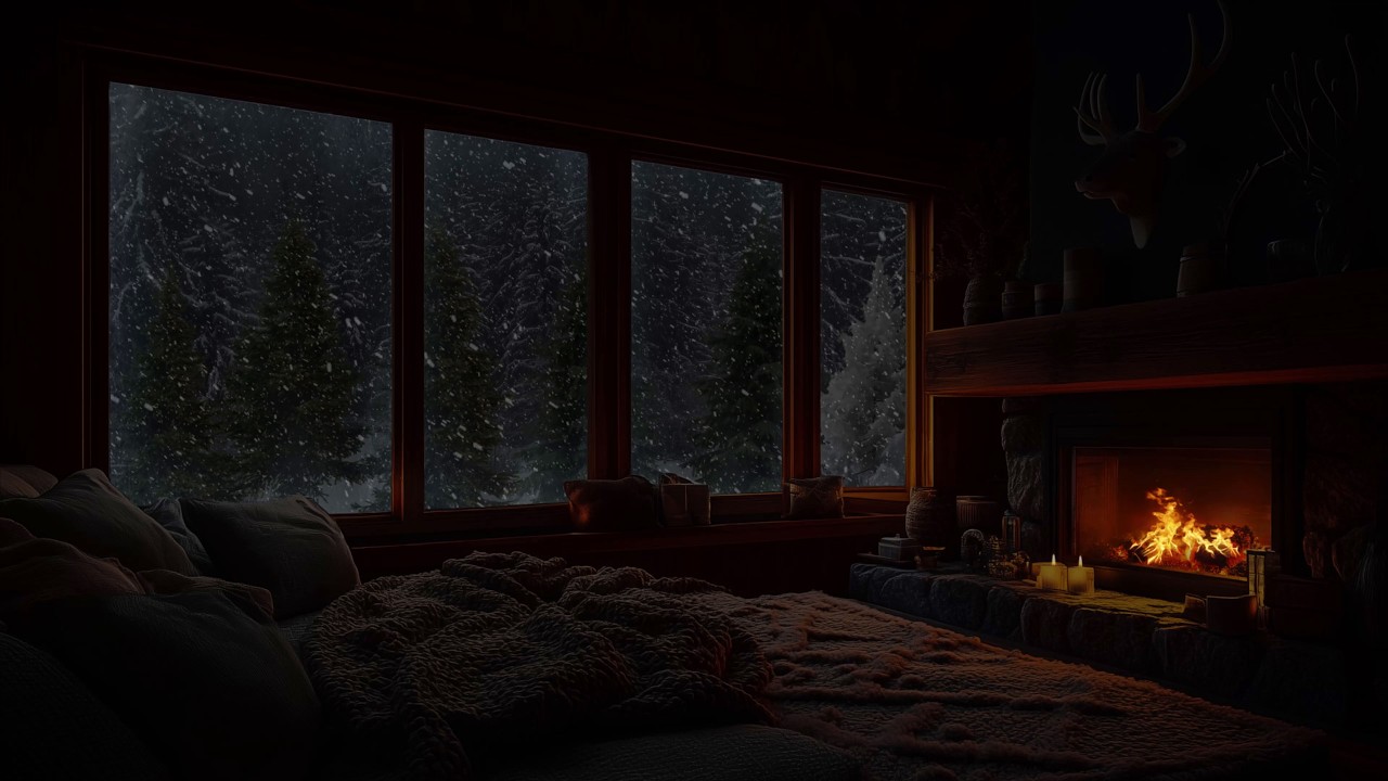 Winter Blizzard Outside Cozy Cabin Window with Gentle Fire Sounds for Study, Focus and Better Sleep