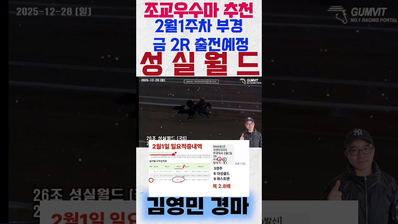 2월1주차 부경 금요일 2경주 출전예정 '성실월드' 꼭! 주목해보세요! #shorts #김영민경마 #경마