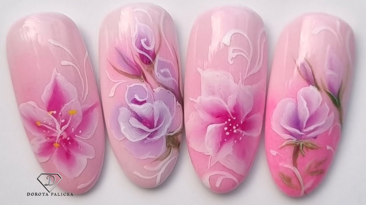 One Stroke Flowers nail art with acrylic paints. YouTube