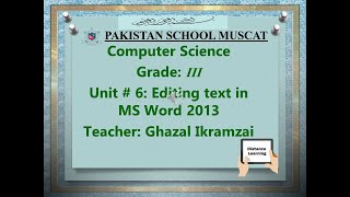 Grade 3: Computer Science: Unit # 6 Editing Text in MS Word 2013 Q/Ans (Part a, b & c)