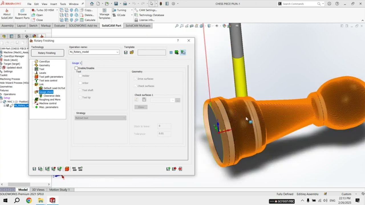 Solidcam + Mach3 4axis, How to make a chess piece with rotary axis