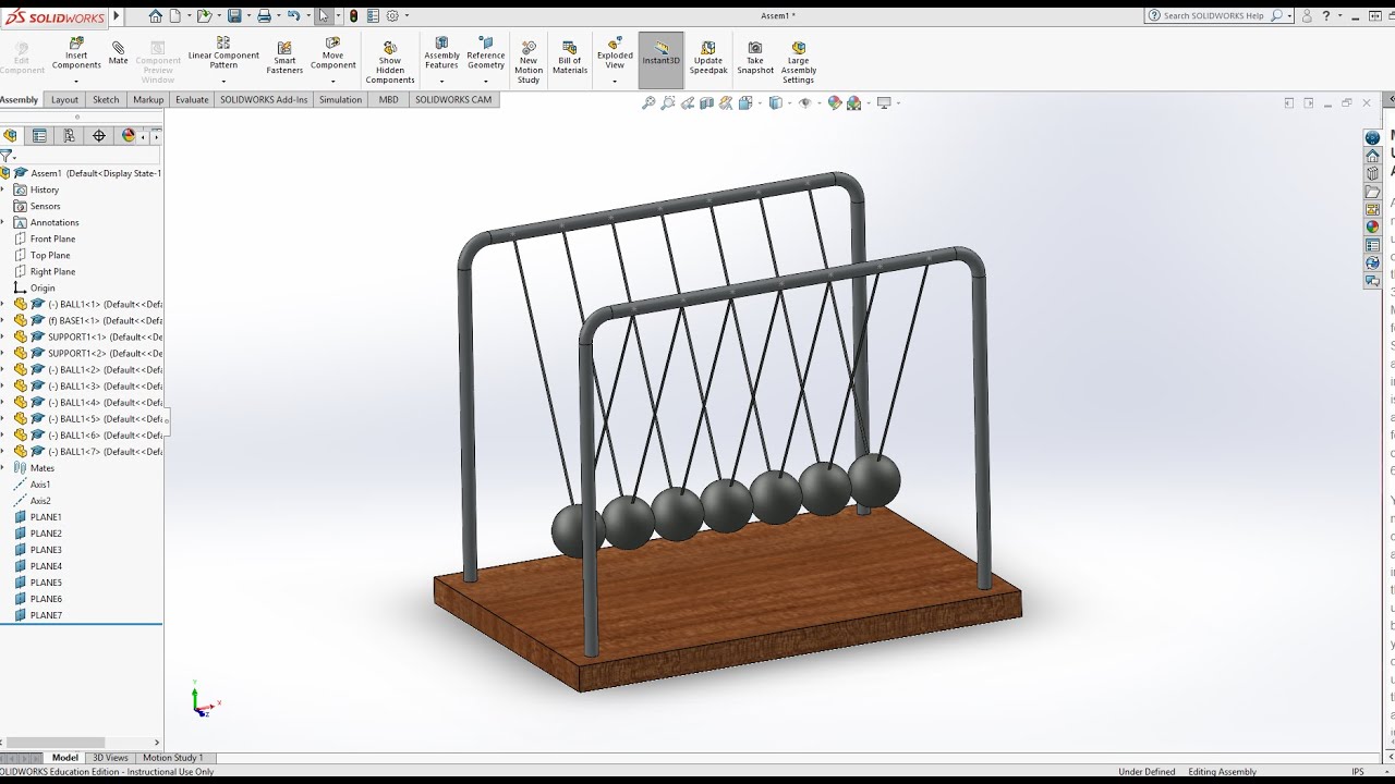 SolidWorks Newton Cradle Tutorial Part 1- Part Creation and Assembly Model