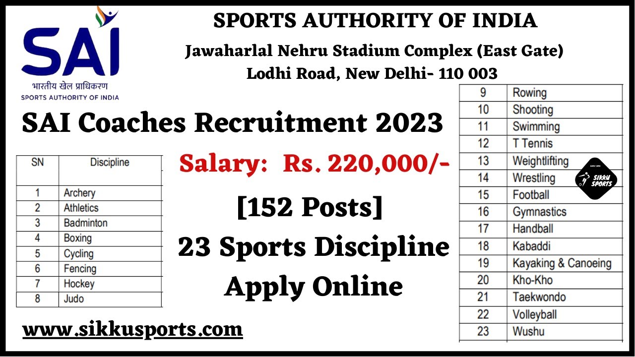 Sports authority of India ¶ Sai coaches Recruitment 2023 ¶ 23 Sports ...