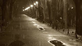 Nostalgic Atmosphere with Relaxing Sounds of Rain Falling on the Alleys of an Old Park at Night