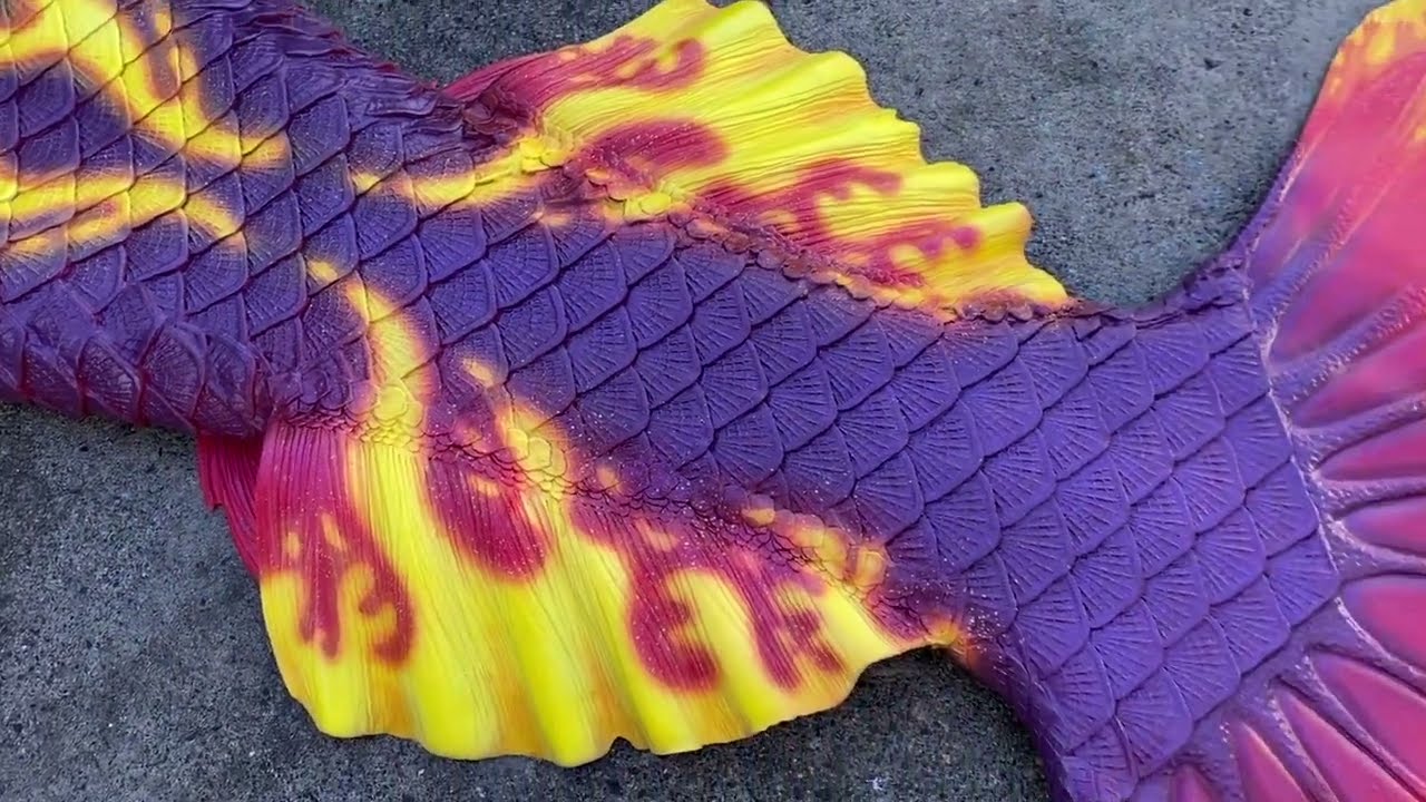 Silicone Mermaid Tail Repainted from Red to Purple with Flames - Amatheia Tails