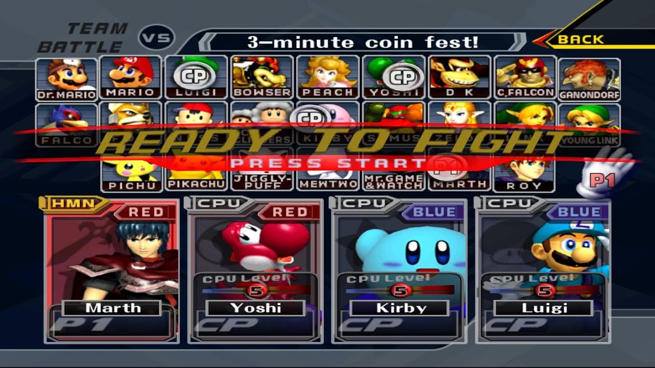 Marth & Yoshi VS Kirby & Luigi | 3 Min Coin | Super Smash Bros Melee Fight 214