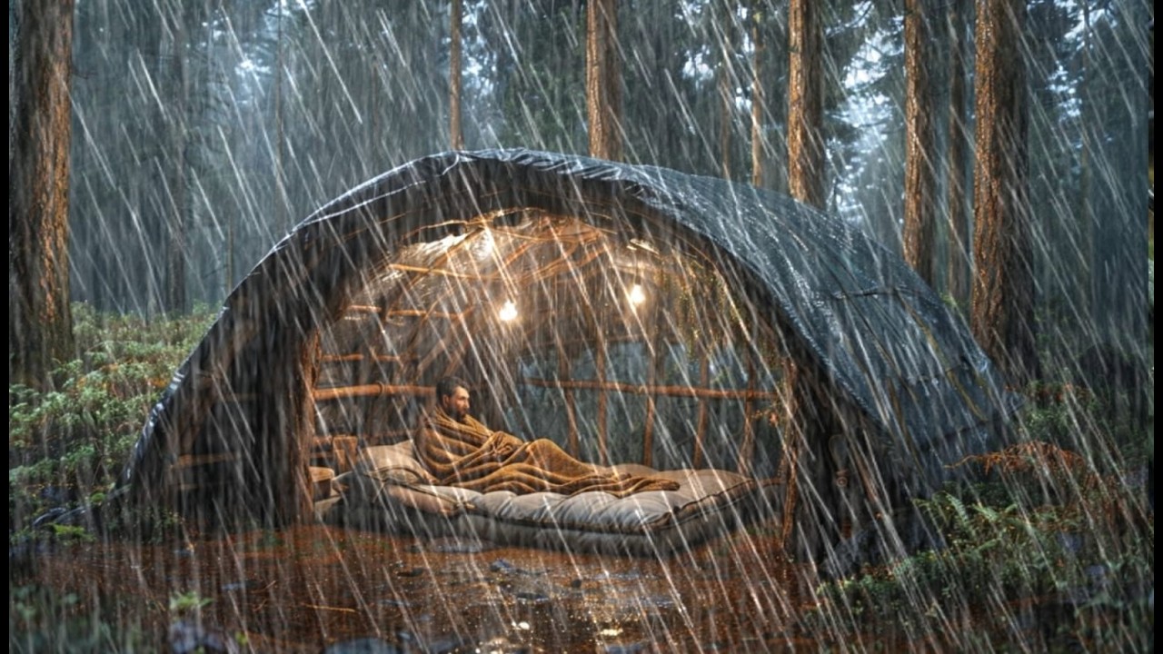 CAMPING IN A THUNDERSTORM AND HEAVY RAIN Struggling to Build a Warm ...