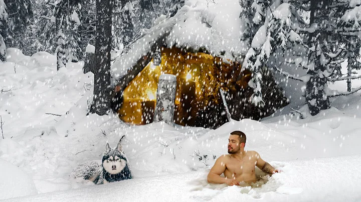 Winter Camping in Snow Storm with Survival Shelter & Bushcraft Cot. and Ice Bath!