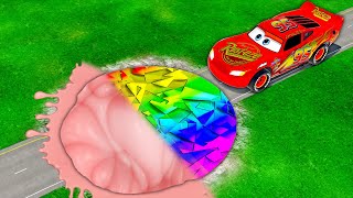 Mega Bubble Gum & Rainbow Glitter Pit Vs McQueen & Pixar cars! BeamNG. drive! Compilation!