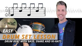 Easy Drum Set Lesson for Kids | Beginner Drum Beat with Bass, Snare and HiHats