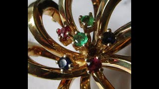 Vintage 14k 585 Yellow Gold Looped Ribbon Bow BROOCH Trombone Clasp w Multi Gems