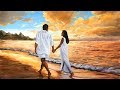 [NICE] Easy Painting and Learn to Color a Walking Couples on the Beach at Sunset Art Beauty