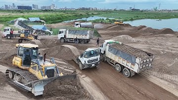 Great Fantastic Project EVER!! Sand Filling Up By Power Bulldozer SHANTUI and Dongfeng Dump Truck