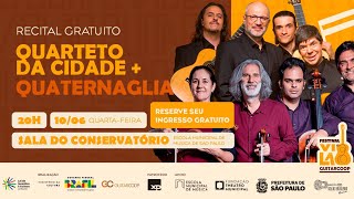 Recital Quaternaglia + Quarteto da Cidade | Festival de Violão Guitarcoop
O Festival de Violão GuitarCoop apresenta um encontro inédito entre o Quarteto de Cordas da Cidade de São Paulo e o Quarteto de Violões Quaternaglia, em um concerto dedicado à riqueza e à diversidade da música brasileira.
Com mais de três décadas de trajetória internacional, o Quaternaglia consolidou-se como um dos mais importantes quartetos de violões do mundo, destacando-se pela criação de repertório, pelas colaborações com compositores contemporâneos e pela difusão da música brasileira em importantes salas de concerto. O grupo é formado por Chrystian Dozza, Fabio Ramazzina, Thiago Abdalla e Sidney Molina.
Para esta apresentação especial, o Quaternaglia se une a Betina Stegmann e Nelson Rios (violinos), Marcelo Jaffé (viola) e Rafael Cesario (violoncelo), integrantes do Quarteto de Cordas da Cidade de São Paulo, em um programa que reúne arranjos inéditos e obras especialmente encomendadas aos compositores Alexandre Guerra e Sergio Molina.
Um concerto singular que celebra o encontro entre diferentes formações camerísticas e revela novas paisagens sonoras da música brasileira contemporânea.
—
The GuitarCoop Guitar Festival presents a unique collaboration between the São Paulo City String Quartet and the Quaternaglia Guitar Quartet in a concert celebrating the richness and diversity of Brazilian music.
With more than three decades of international career, Quaternaglia has established itself as one of the world’s leading guitar quartets, renowned for its commitment to expanding the repertoire, collaborating with contemporary composers, and promoting Brazilian music in major concert halls worldwide. The ensemble is formed by Chrystian Dozza, Fabio Ramazzina, Thiago Abdalla, and Sidney Molina.
For this special performance, Quaternaglia joins Betina Stegmann and Nelson Rios (violins), Marcelo Jaffé (viola), and Rafael Cesario (cello), members of the São Paulo City String Quartet, in a program featuring world premiere arrangements and works specially commissioned from composers Alexandre Guerra and Sergio Molina.
A singular concert celebrating the meeting of different chamber music traditions while unveiling new sonic landscapes of contemporary Brazilian music. Recital Quaternaglia + Quarteto da Cidade | Festival de Violão Guitarcoop