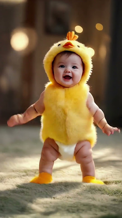 A baby chicken 🐥 and a baby banana 🍌 dancing.