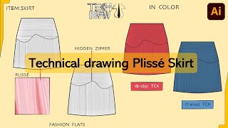 Fashion technical drawing of plissé skirt on illustrator I TECHDRAW