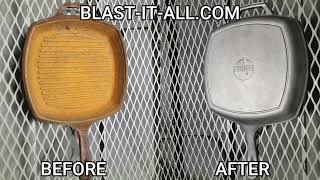 Cleaning Cast Iron Pan by sandblasting with Glass Beads - Before and After, Satisfying