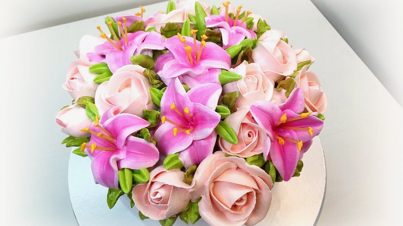 Тортик с Лилиями и Розами 2(крем БЗК). /Cake with Lilies and Roses 2(protein custard).