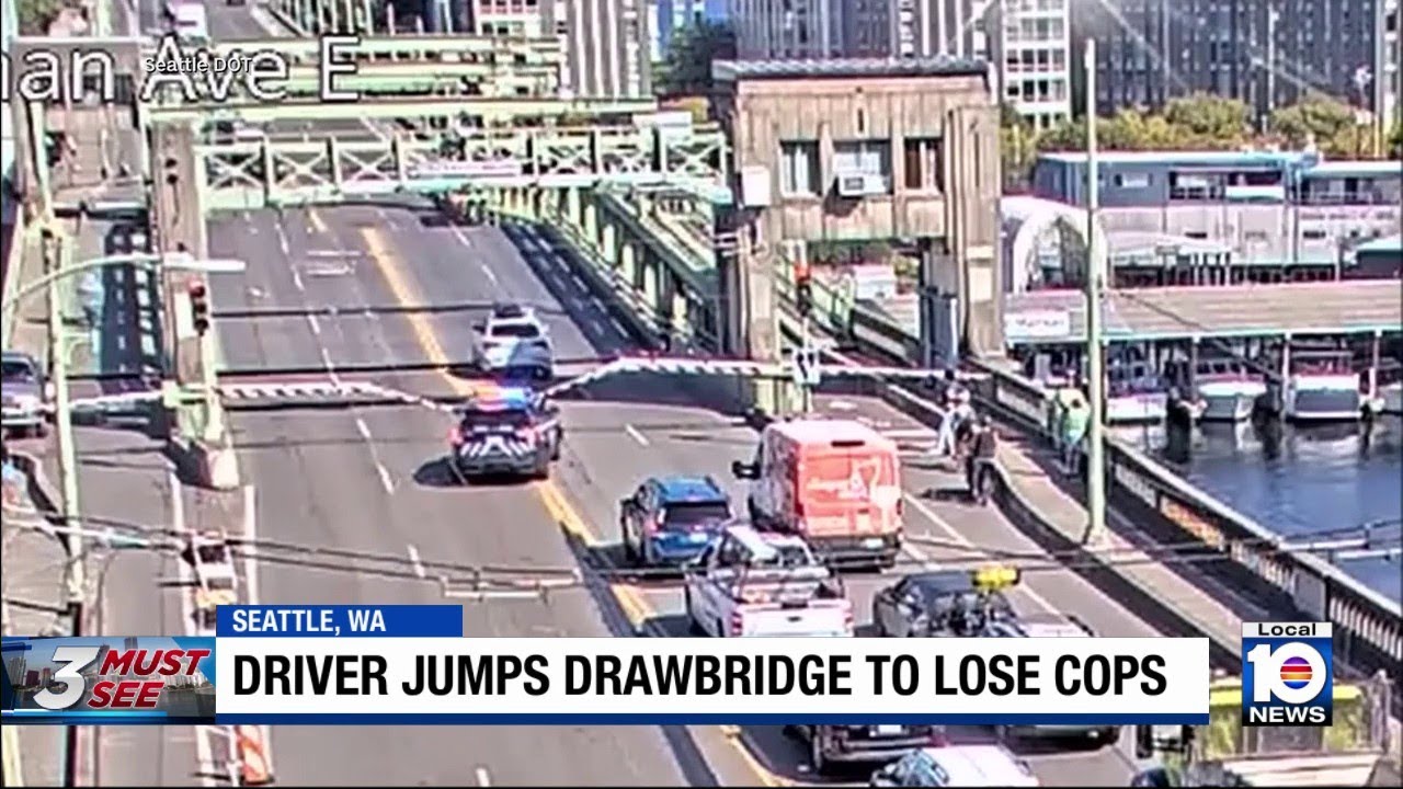 Driver fleeing police jumps drawbridge in Seattle - YouTube