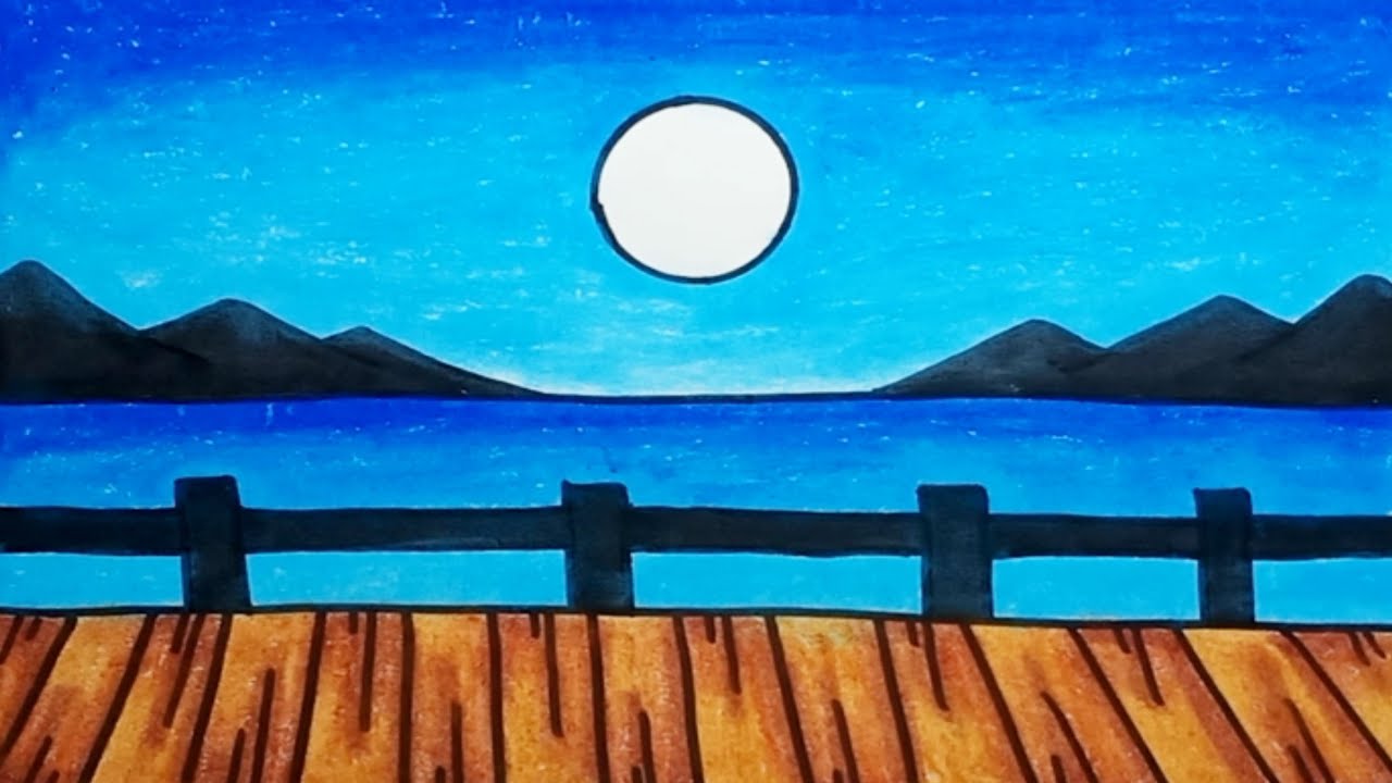 How To Draw Moonlight Scenery Beautiful With Crayons Drawing Scenery