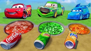 🌈 Lightning McQueen VS Coca-Cola & Mountain Dew & Fanta Pit VS Big & Small Pixar Cars - BeamNG.drive