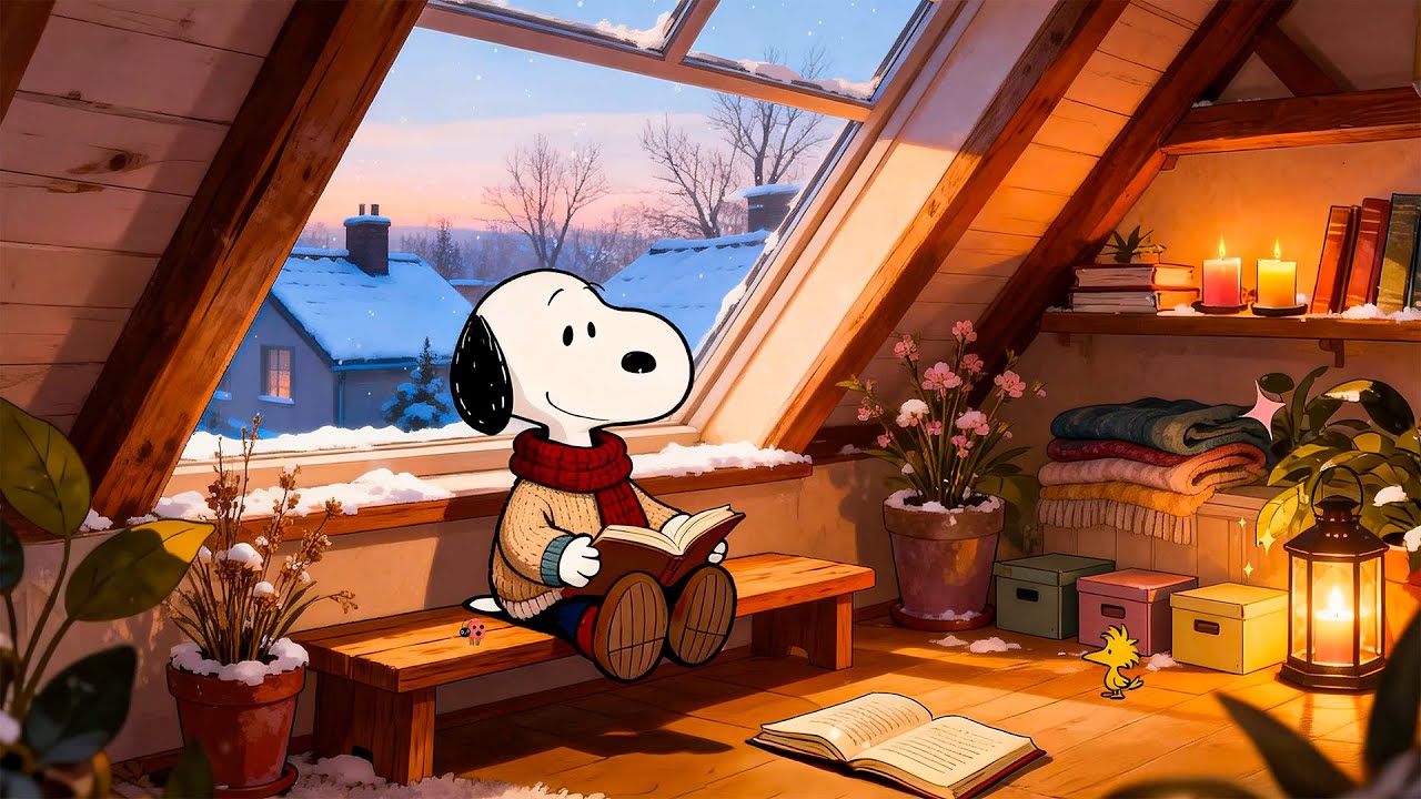 Snoopy’s Attic Library Sunset 🌅 Soft Lofi Beats for Sleep & Relax 📚 Cozy Vibes with Calm Lofi Music