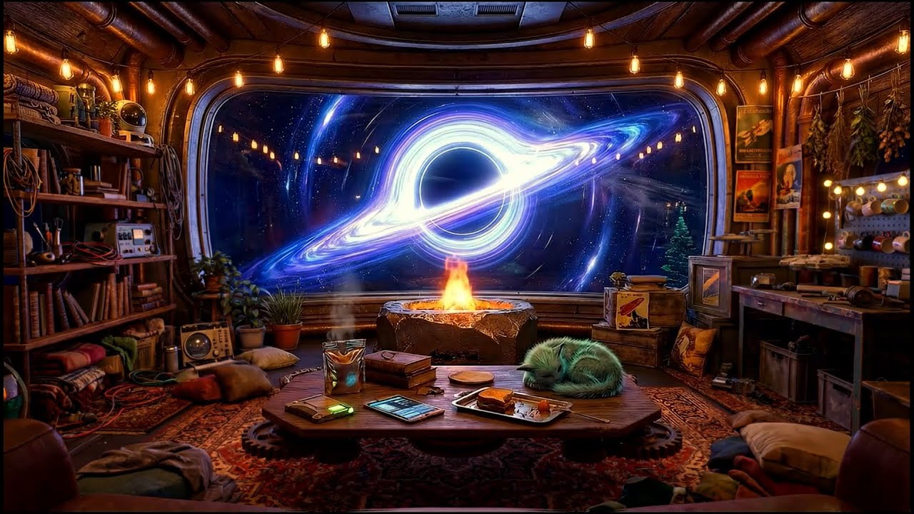 COZY INTERSTELLAR CABIN AMBIENCE 🌌 Retro-Futuristic Piano Music with Fireplace Crackle | 70s Sci-Fi