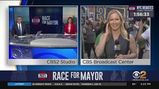 NYC Mayoral Debate: Crowd Gathering Outside CBS Broadcast Center