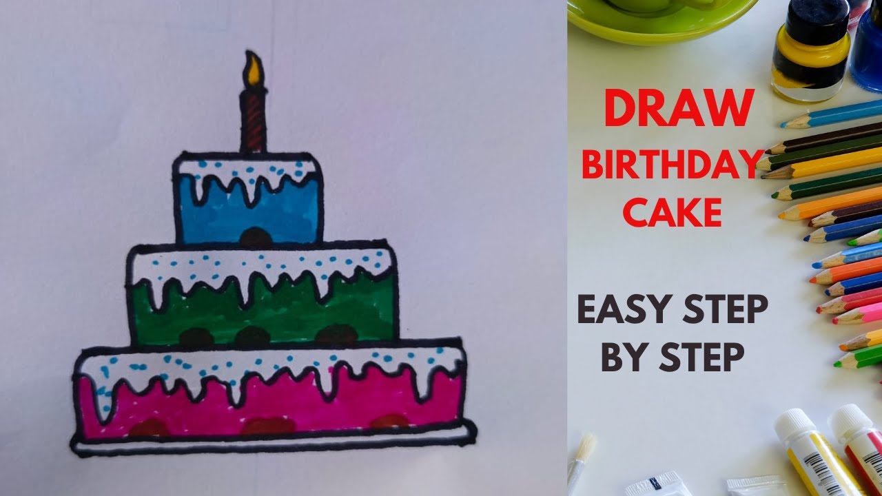 How to draw birthday cake easy step by step, kids drawing, easy drawing ...