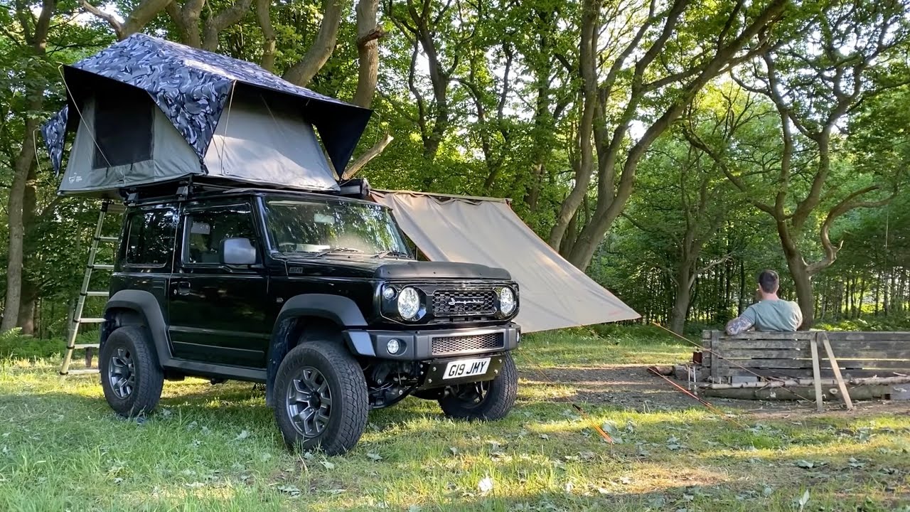 New Suzuki Jimny Camper Set Up in UK Woodland, Munching on Campfire Food.