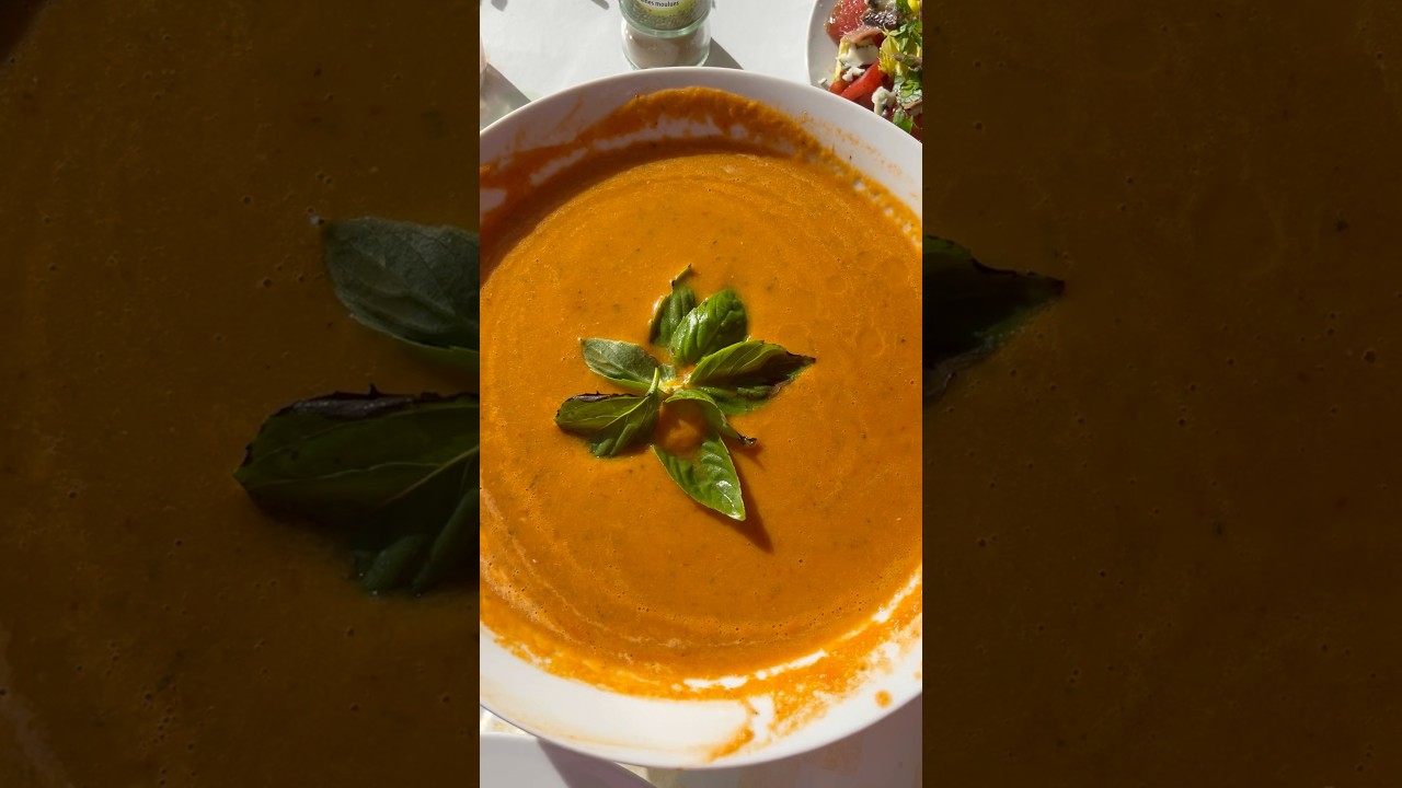 French gastronomy. Veloutée inspiration jaune et salade inspiration rouge. 