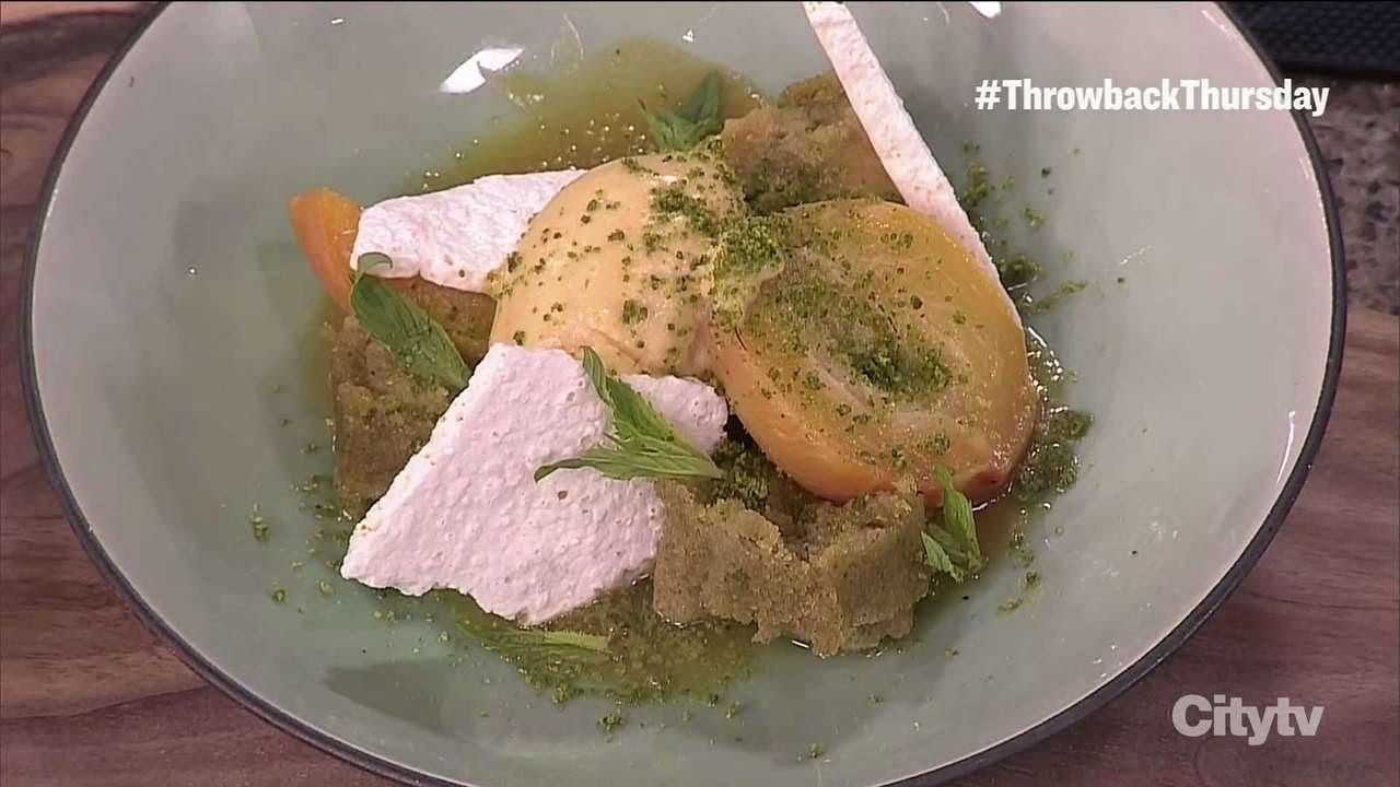 Dreamy pistachio and olive oil cake with poached summer peaches