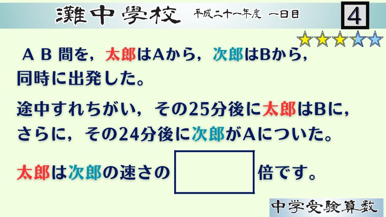 【中学受験算数/SPI】速さ　脳トレ問題　平成21年(2009）灘中１日目4⃣　☆3.2【最難関クラス/偏差値up】