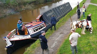 Horse drawn fly-boat leads convoy of historic narrowboats from Chester to Ellesmere Port.