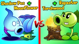 PVZ 2 - Shadow Pea + Moonflower Vs Repeater + Torchwood Max Level
