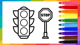 How to paint a traffic light & draw a beautiful stop sign / coloring step by step