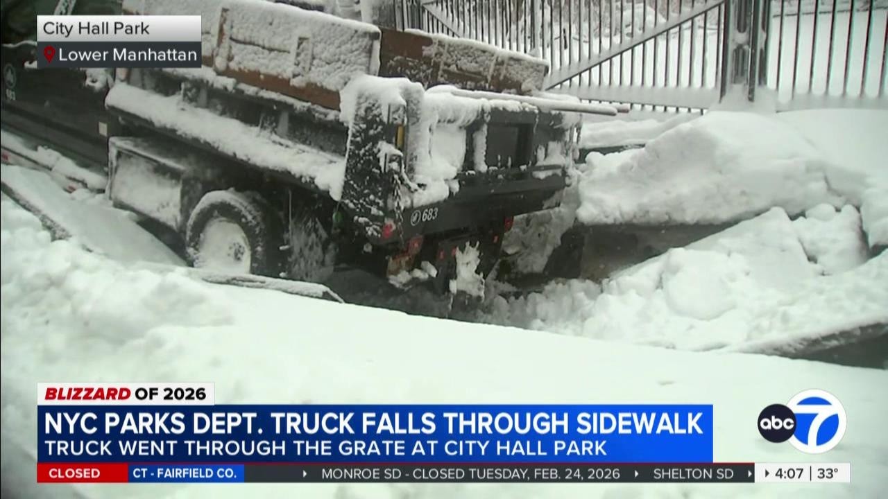 NYC Parks Department truck falls through sidewalk