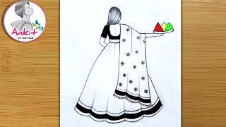 Beautiful Traditional Girl Celebrating Holi Drawing || Easy Drawing | Easy Holi Drawing with pencil