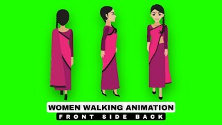 Walking women animation | Front Back Side view | green screen | animated | cartoon character