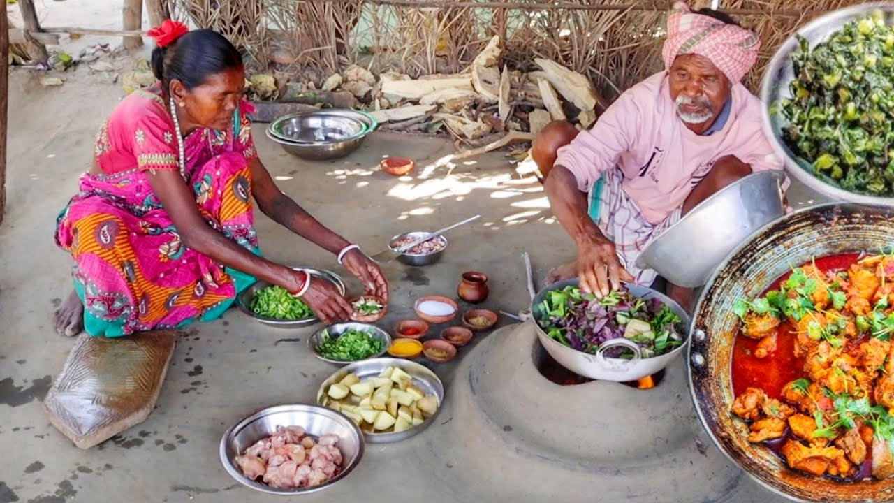 Chicken Curry & Shak Vaji cooking and eating by santali tribe old couple