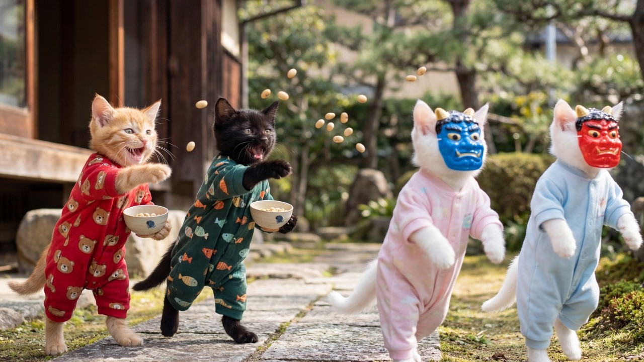 Adorable Kittens Play Oni Mask Game for Setsubun Festival 🐱🎭✨