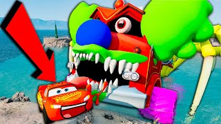 Big & Small: Mcqueen with Spinner Wheels vs Long Monster Truck Tow Mater vs Thomas Trains  BeamNG