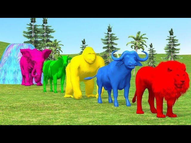 Cow, Mammoth, Elephant, Dinosaur, Gorilla, Buffalo, guess the right color of the animals cage game