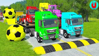 Double Flatbed Trailer Truck vs Speedbumps Train vs Cars | Tractor vs Train Beamng.Drive 040