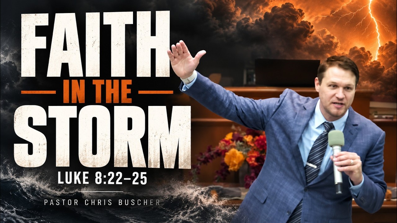 Pastor Chris Buscher preaching from Luke 8:22–25 about Jesus calming the storm and trusting God through life’s challenges.