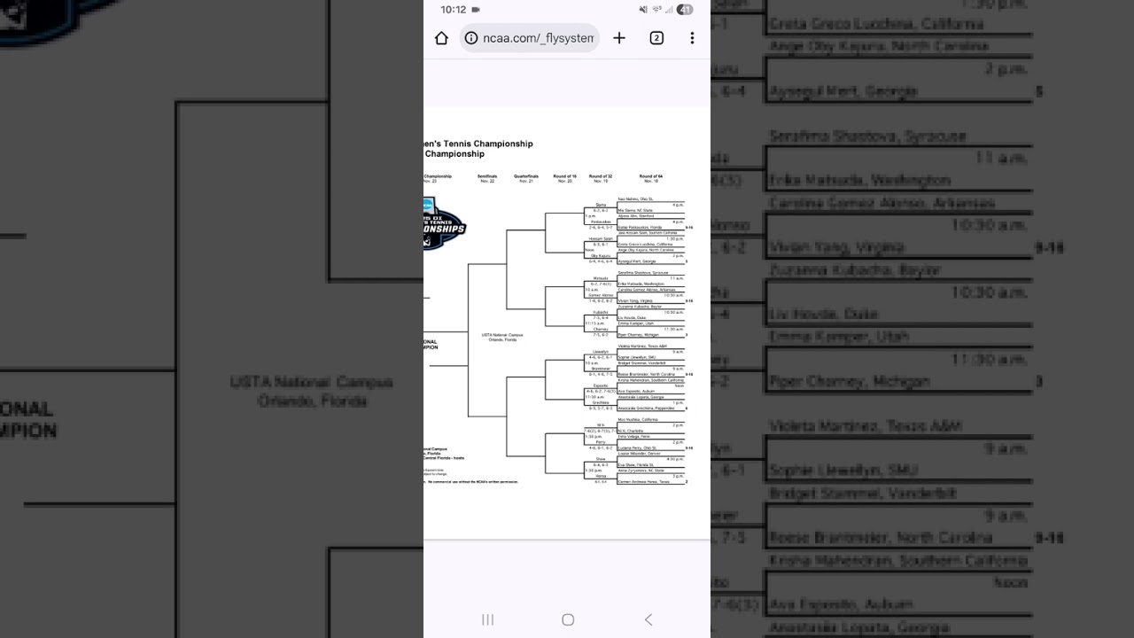 NCAA Women's Tennis Singles First Round Scores & Second Round Matchups