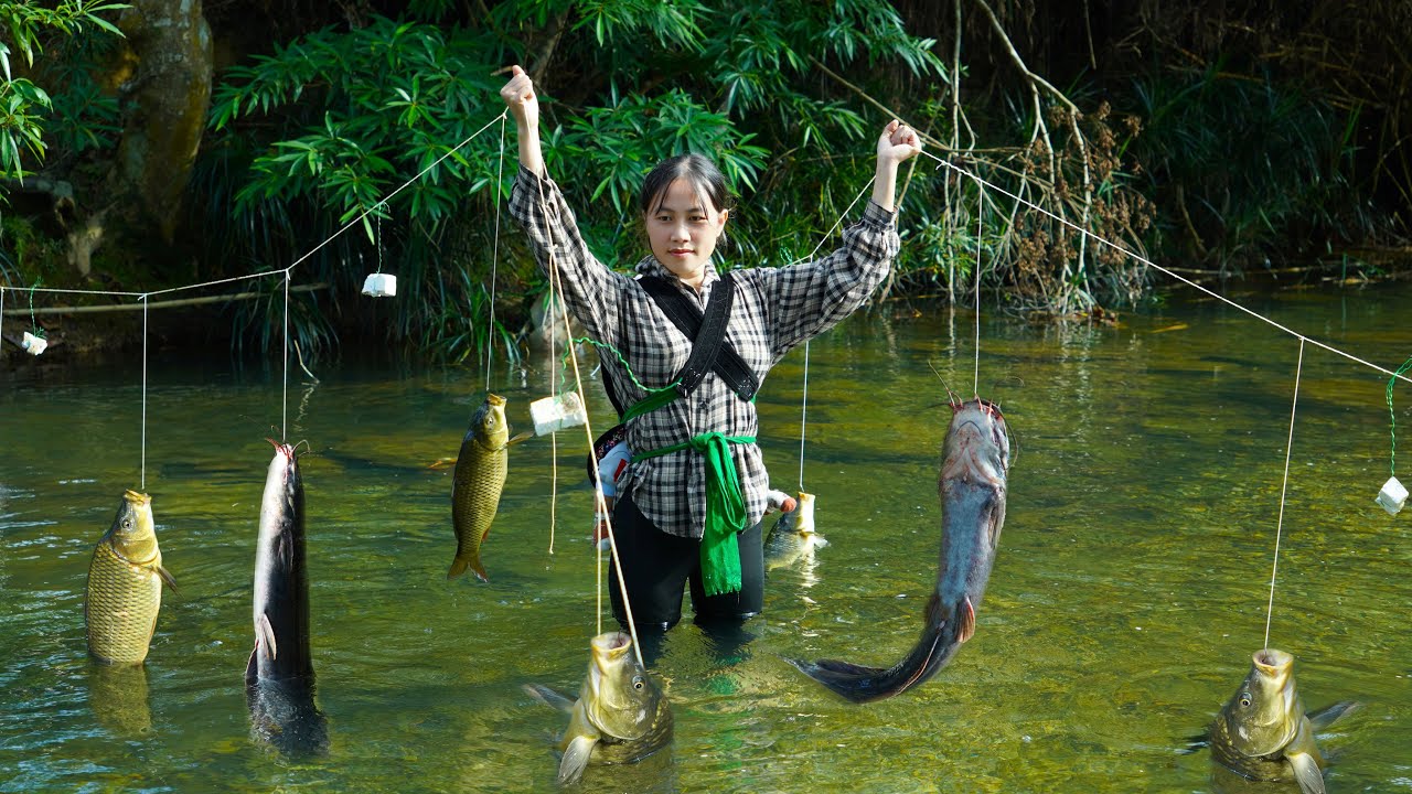 Single mother catching fish and building a new fence for her farm. peaceful country life